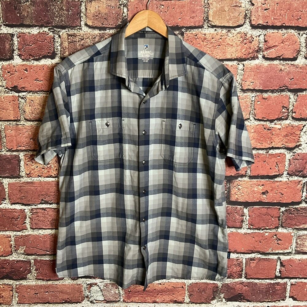 Kuhl Shirt Mens XL Grey Blue Response Plaid UV Protection Short Sleeve Button Up